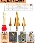 Step drill bit set for woodworking, including three high-speed steel bits and a punch tool, suitable for various materials.