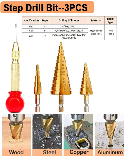 Step drill bit set for woodworking, including three high-speed steel bits and a punch tool, suitable for various materials.