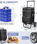 Large Collapsible Soft Sided Cooler On Wheels With A Big 7 Inch Wheel 84 Can Capacity Perfect For Beach Trips Camping Fishing And Road Trips 20 Plus Hour Ice Retention Leakproof And Anti Tipping Design showing product dimensions and can capacity.