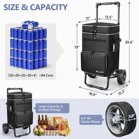Large Collapsible Soft Sided Cooler On Wheels With A Big 7 Inch Wheel 84 Can Capacity Perfect For Beach Trips Camping Fishing And Road Trips 20 Plus Hour Ice Retention Leakproof And Anti Tipping Design showing product dimensions and can capacity.