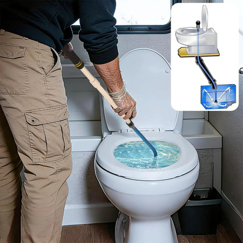 Person using the RV Tank Wand Sprayer With Swivel Head 60 Inch Backflow Preventer Leak Proof For Black Water Tank Cleaning Toilet And Garden Irrigation Ideal For RV Life on an RV toilet