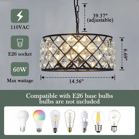 Three Light Modern Crystal Chandelier In Black Metal Farmhouse Pendant Light With E26 Base Adjustable Ceiling Fixture Lit