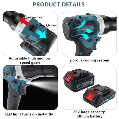 Pro Grade 2 In 1 Cordless Rivet Nut Gun With 5200mAh Battery showing adjustable gears and 26V lithium battery and LED.