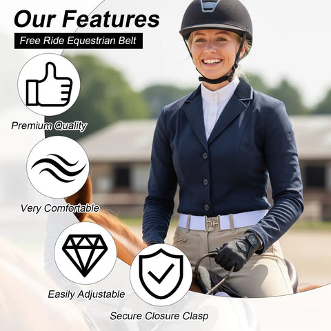 Woman wearing white 2 Pack Elastic Equestrian Belt For Women, 1.5 Inch Adjustable Horse Riding Belt With Buckle, horseback riding