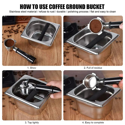 Four steps using Stainless Steel Espresso Knock Box With Rubber Bar For Easy Coffee Grounds Disposal And Storing Under Most Espresso Machines