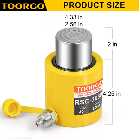 Tough As Nails 30 Ton Hydraulic Cylinder With Two Inch Auto Retracting Stroke, Portable Alloy Steel Ram Jack For Moving Heavy Loads, Yellow Coating Sealed Tight And Leak Free