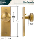 Antique Brass Privacy Door Knob With Lock For Interior Doors, Heavy Solid Metal Plate, side and front view with measurements