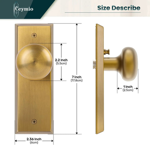 Antique Brass Privacy Door Knob With Lock For Interior Doors, Heavy Solid Metal Plate, side and front view with measurements