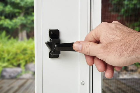 Push Button Door Latch For Screen And Storm Doors, Colonial Style, No Lockout Tech, Black Finish, Out Swing Ready For Three Quarters To One And A Quarter Inch Thick Metal Or Wood Doors, Built Tough And Easy To Install