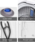 Components of Full Automatic Portable Washer And Dryer Combo Featuring Built In Pump Drain 8 Lbs, including water inlet, drain hose, and power wire.
