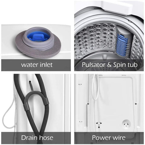 Components of Full Automatic Portable Washer And Dryer Combo Featuring Built In Pump Drain 8 Lbs, including water inlet, drain hose, and power wire.