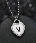Womens Silver Initial Necklace With Heart Pendant Stainless Steel Customizable Name Jewelry For Girlfriend Alphabet Letter V Gift
