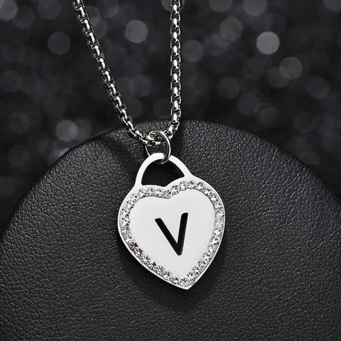Womens Silver Initial Necklace With Heart Pendant Stainless Steel Customizable Name Jewelry For Girlfriend Alphabet Letter V Gift