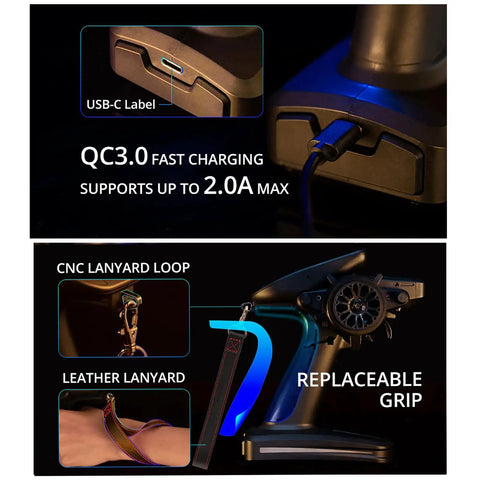 MT12 Surface Radio Controller showcasing USB-C port, QC3.0 fast charging, CNC lanyard loop, leather lanyard, and replaceable grip.