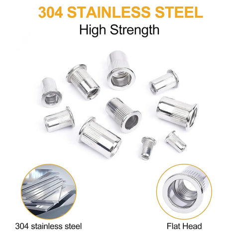 Rivet Nut Assortment Kit 70 Piece Set Of 304 Stainless Steel Flat Head Threaded Rivnuts M3 To M8 high strength steel pieces