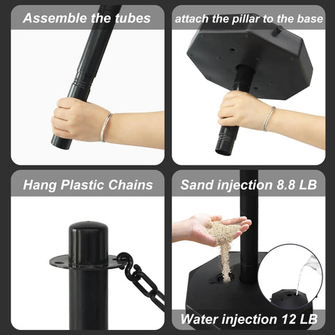 Assembling Six Pack Traffic Barricade Delineator Posts With Fillable Base for Crowd Control using sand and water