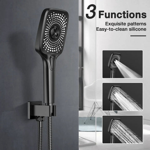 Black Shower Faucet Set With 10 Inch Rainfall Shower Head And Handheld 3 Function Shower System, close-up of handheld shower head