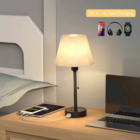 Bedside Table Lamps Set Of 2 With Dual USB Ports And Built In AC Outlet for easy nightstand charging, fabric shade, modern bedroom setup