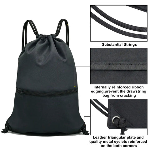 Durable Black Drawstring Backpack For Gym And Everyday Carry No Fuss Use With Thick Polyester Material Easy Draw Cord Closures