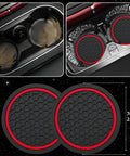 Fresh Red Six Piece Car Accessories Set Includes Universal 14.5 Inch Microfiber Leather Steering Wheel Cover Dope Smooth Grip Slick Seat Belt Pads Center Console Armrest Cover And Cup Coasters For Any Ride. Image of red-rimmed cup coasters in car's cup holder, made of durable material.