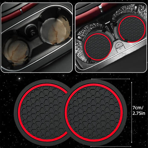Fresh Red Six Piece Car Accessories Set Includes Universal 14.5 Inch Microfiber Leather Steering Wheel Cover Dope Smooth Grip Slick Seat Belt Pads Center Console Armrest Cover And Cup Coasters For Any Ride. Image of red-rimmed cup coasters in car's cup holder, made of durable material.