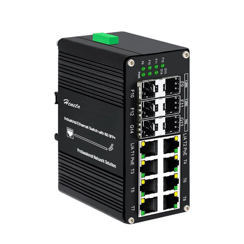 Industrial Hardened 14 Port PoE Plus Switch with 8 10 100 1000Base T Ports 4 1.25G SFP Ports and 2 10G SFP Plus Ports