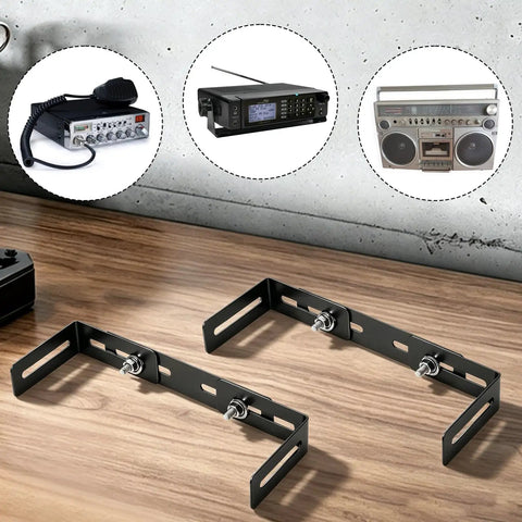 Adjustable Universal Mounting Bracket For CB And Ham Radios And Scanners, Wide 6 To 10 Inch Fit, Black 2 Pack, On Wooden Table
