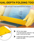 Person using 12 Inch Sheet Metal Bending Tool for HVAC ductwork, showing two fold depths of 3/8 inch and 1 inch on metal sheet.