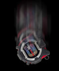 Tape Measure 16ft 5m 1 Inch GS Lock With Acrylic Coated Blade shown with rugged elastomer armor in motion against black background.