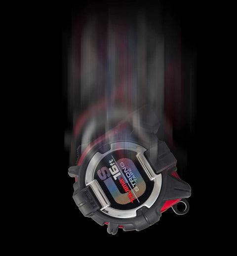 Tape Measure 16ft 5m 1 Inch GS Lock With Acrylic Coated Blade shown with rugged elastomer armor in motion against black background.
