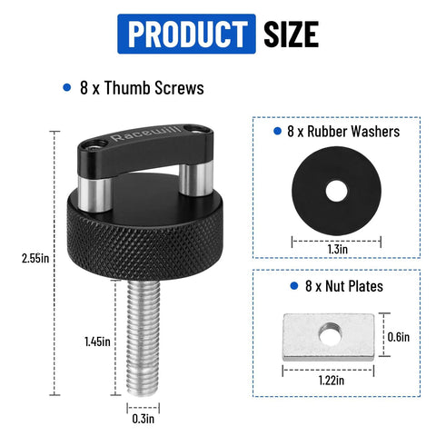 No Sweat Quick Swap Hard Top Fastener Thumb Screws With Reinforced Nut Plates For Ford Bronco Jeep Wrangler Gladiator 8 Piece Hardware Toolkit Off Road, 8 thumb screws with size details.