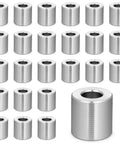 Aluminum Spacers Set Of 25 Round Unthreaded Standoff Bushings For Screws One Half Inch Outer Diameter One Quarter Inch Inner Diameter One Half Inch Length Precision Hardware Spacers For Stable Mounting displayed in rows with one close-up