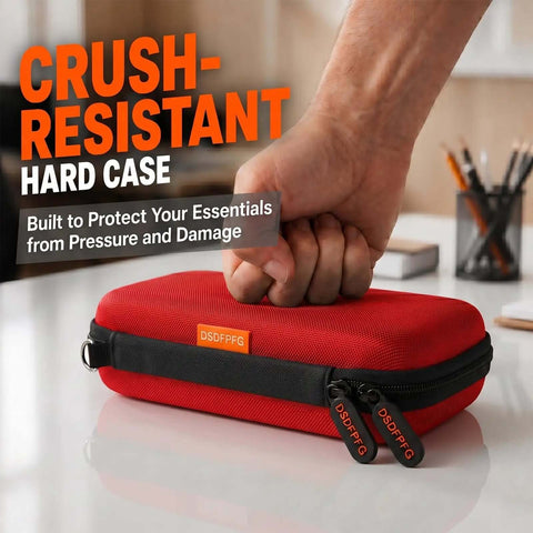 Badass Small Hard Shell Eva Zipper Case For Electronic Accessories Red compact travel organizer bag with hand pressing down.