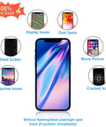 Diagram showing common iPhone screen issues like cracked screen, blurry picture, dust spots next to iPhone And 12 Pro Screen Replacement 6.1 Inch 3D Touch LCD Display Digitizer Repair Kit With Waterproof Frame Sticker And Tempered Protector For Easy DIY Screen Fix focus keyword.