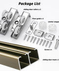 Heavy Duty Double Closet Sliding Door Track Kit With Floor Guide And Rollers For Bypass Barn Doors, Ceiling Mounted Aluminum Rail System, DIY Friendly And Easy To Install, Fits 3.3 To 21.7 Ft, White Finish, Rust Resistant Construction components including rollers, floor guide, and track.