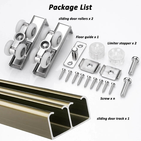 Heavy Duty Double Closet Sliding Door Track Kit With Floor Guide And Rollers For Bypass Barn Doors, Ceiling Mounted Aluminum Rail System, DIY Friendly And Easy To Install, Fits 3.3 To 21.7 Ft, White Finish, Rust Resistant Construction components including rollers, floor guide, and track.