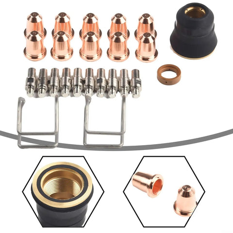 Top Pick Plasma Cutter Consumables Kit With Extra Electrodes Nozzles And Swirl Rings For S30 S35 Cut45 Machines Plus Spring Guide includes copper tips and connectors.
