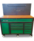 Heavy-Duty 11-Drawer Tool Cabinet With Solid Wood Workbench Top And Pegboard Backwall, Go-To Rolling Metal Storage Chest For Home Garage Or Workshop, Green And Black, Boss-Level Organization For Tools, Hardware, And Equipment