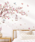 Cherry Blossom Wall Decals Set With Pink Magnolia Flowers, Tree Branches and Birds, Peel and Stick Wall Art for Living Room.