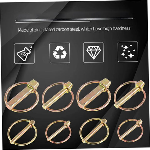 Beefy 10 Pack Heavy Duty Lynch Pin Kit With Spring Loaded Quick Disconnect Rings shown with zinc plated steel material