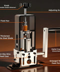 Professional Grade Hella Fast Drill Powered Wire Stripper For Scrap Copper showing adjustable knob, steel blade, and wire feed gear.