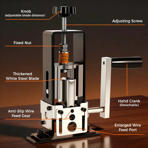 Professional Grade Hella Fast Drill Powered Wire Stripper For Scrap Copper showing adjustable knob, steel blade, and wire feed gear.