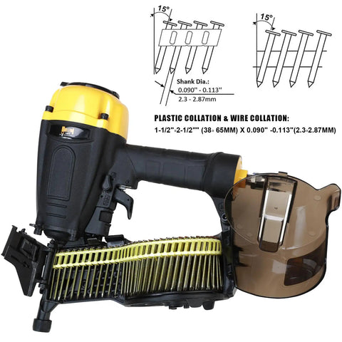 Fifteen Degree Two And A Half Inch Coil Siding Nailer With Magnesium Housing, Lightweight Yet Tough, Easy Jam Release