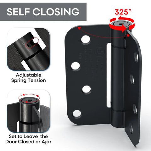Self Closing 4 Inch Spring Loaded Door Hinge With Adjustable Tension Five Eighths Radius Corners Fits Front Or Back Doors Left Or Right Hand UL Listed Gloss Black