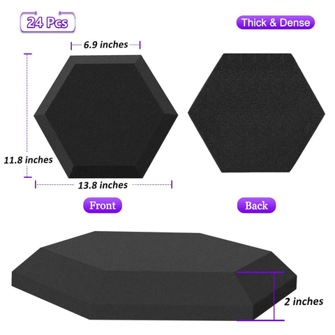 Dense Sound Absorbing Hexagon Foam Panels Pack Of 24 Thick Acoustic Wall Tiles, 13.8 x 11.8 x 2 inches, shown in front and back views.