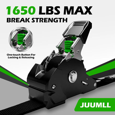 Hella Tough No Hassle Auto Retract Tie Down Straps Heavy Duty Retractable Ratchet Cargo Belt 1 Inch By 10 Feet 4 Pack showing locking mechanism and break strength.