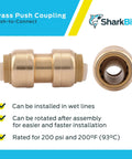 Half Inch Brass Push To Connect Coupling Ten Pack No Fuss Fit For PEX Copper CPVC PERT HDPE Plumbing Fittings Front and Side View