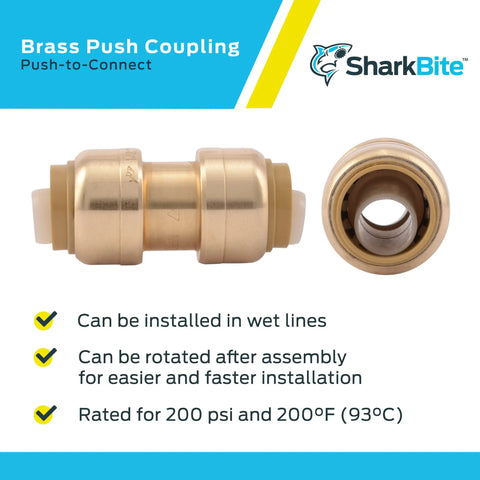 Half Inch Brass Push To Connect Coupling Ten Pack No Fuss Fit For PEX Copper CPVC PERT HDPE Plumbing Fittings Front and Side View