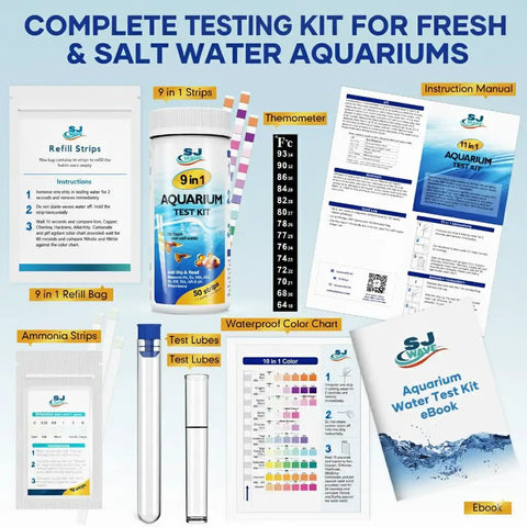 Complete Aquarium Water Test Strips Kit including digital thermometer and color chart for smooth PH, chlorine, ammonia, and hardness results.