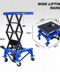 Blue Beefy Hydraulic Motorcycle Scissor Jack Lift with foot step lever and wheels, adjustable from 13.4 to 36.2 inches.
